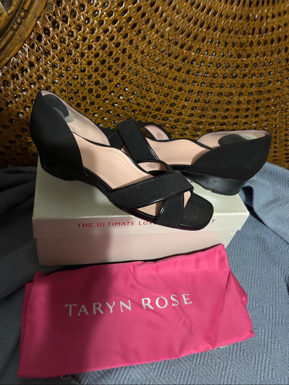 Taryn Rose Black Crisscross Open-Toe Wedge Sandals